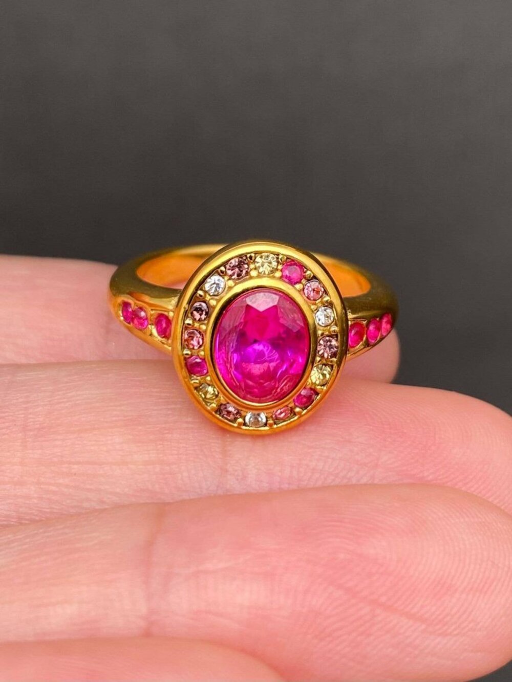Zircon Inlaid 18K Gold Plated Stainless Steel Oval Ring